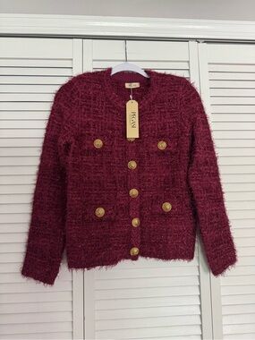 Burgundy Knit Double-Breasted Cardigan Jacket Gold Buttons Work Wear Sz S